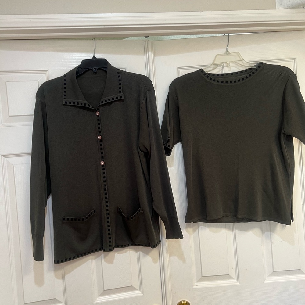 Women’s KNIT Cardigan Love Green Blouse Jacket Set Lightweight‎ Work Formal SZ L
